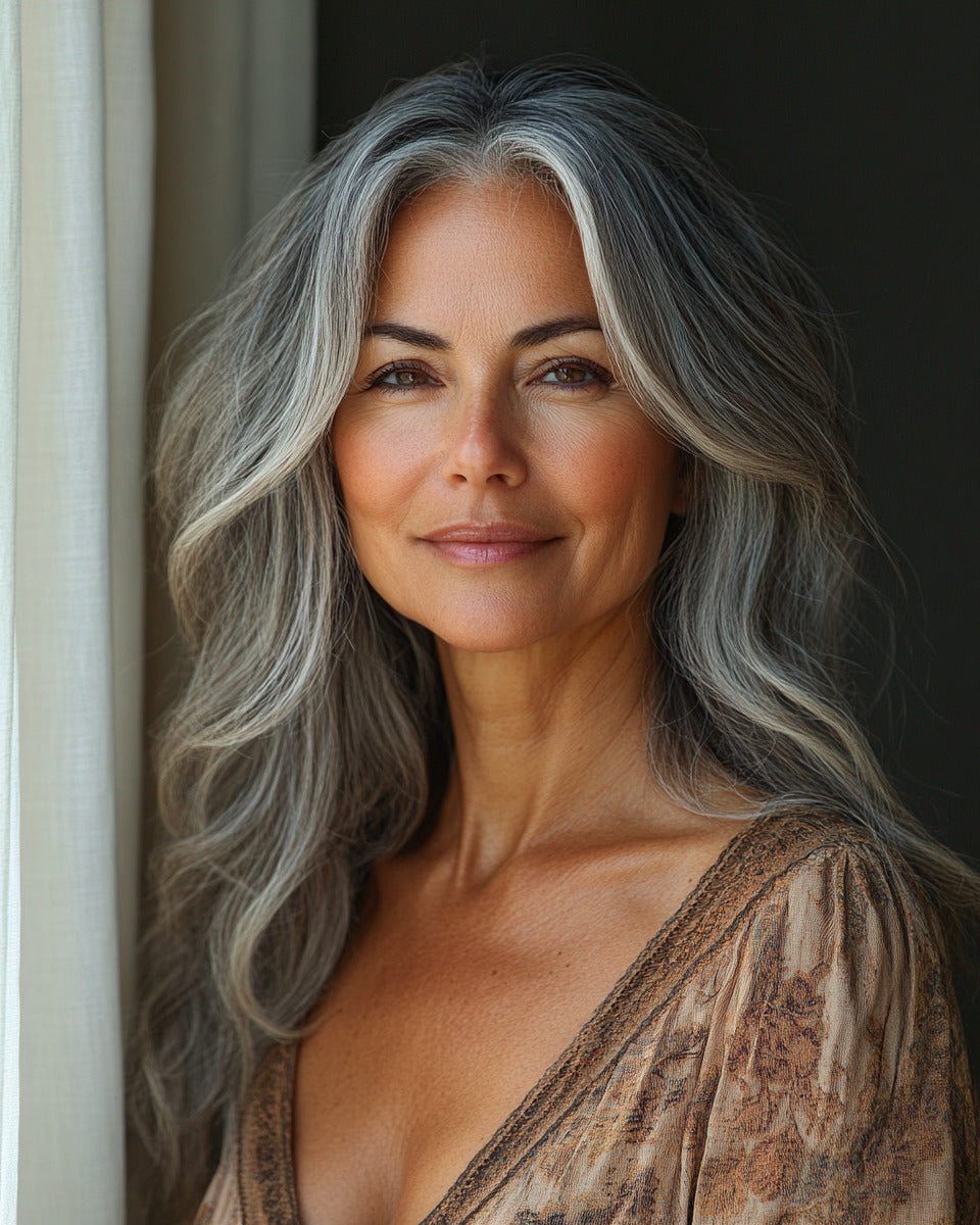Woman with long, wavy gray hair wearing a patterned top.