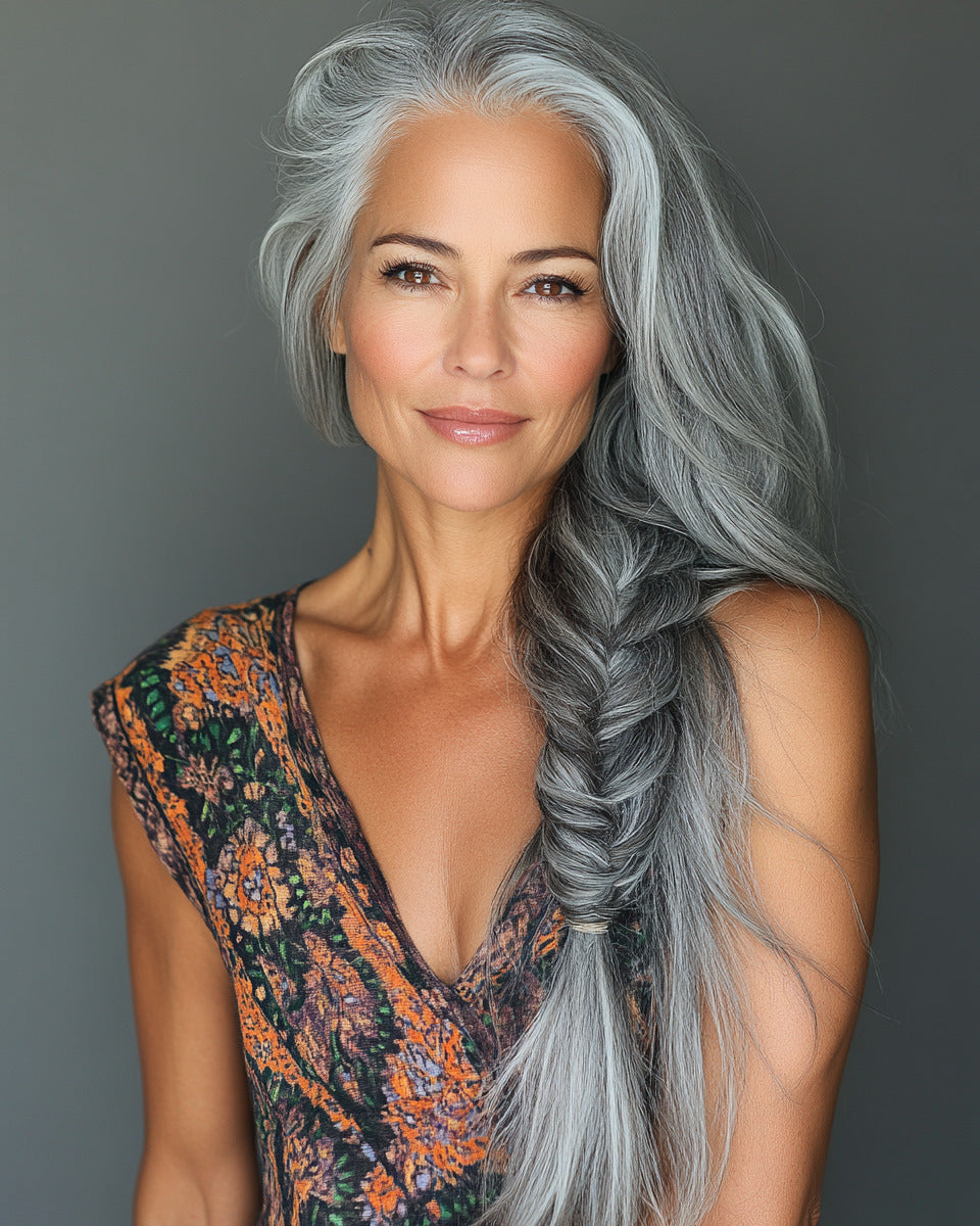Woman with long, styled gray hair against a gray background