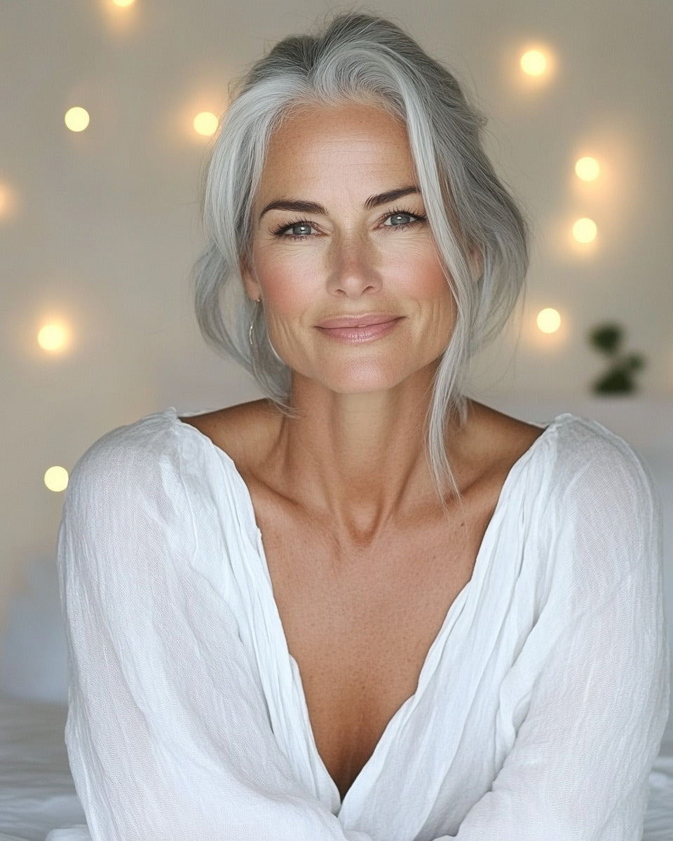Woman with gray hair wearing a white top against a softly blurred background