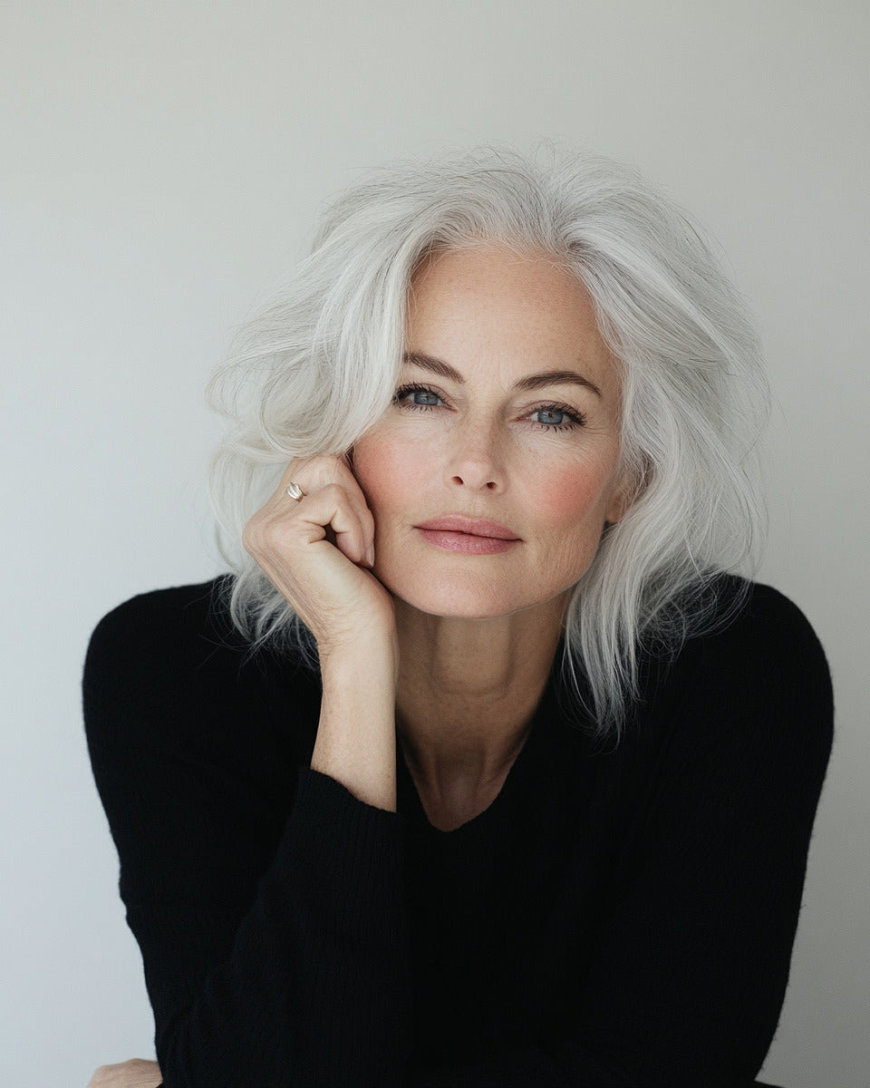 Woman with white hair wearing a black top against a plain background
