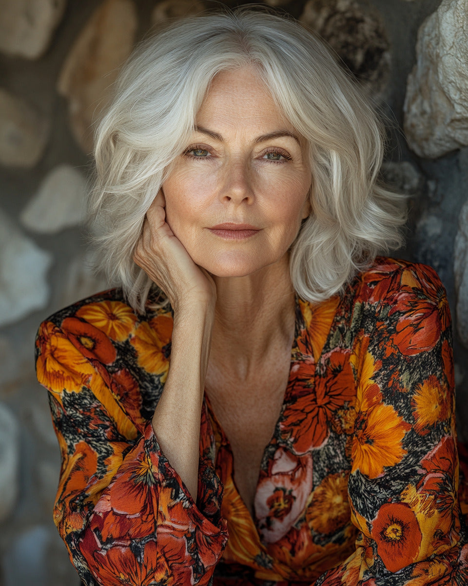 Woman with white hair wearing a colorful floral blouse against a stone wall.